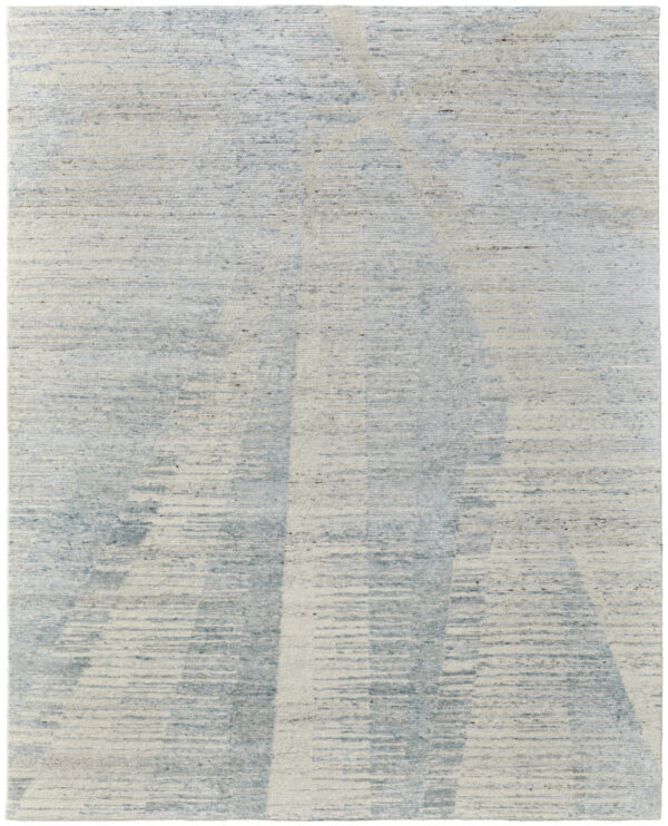 12' X 15' Ivory and Blue Abstract Hand Knotted Worn Faded Area Rug