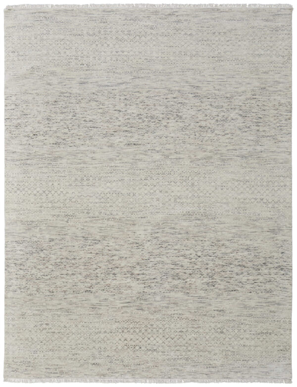 8' X 12' Ivory and Gray Wool Hand Knotted Area Rug With Fringe