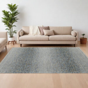 8' X 12' Ivory Blue and Brown Wool Hand Knotted Area Rug With Fringe