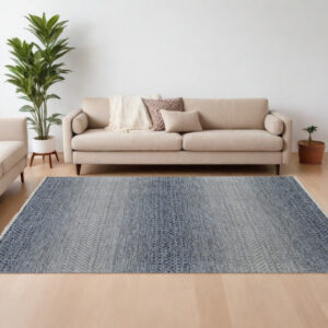 6' X 9' Ivory Gray and Blue Wool Hand Knotted Area Rug With Fringe