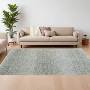 9' X 13' Ivory and Green Wool Hand Knotted Area Rug With Fringe