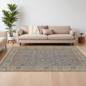 8' X 12' Tan and Gray Wool Oriental Hand Knotted Area Rug With Fringe