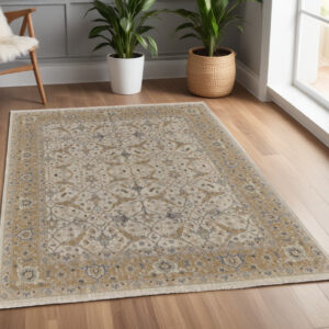 4' X 6' Ivory Gray and Tan Wool Oriental Hand Knotted Area Rug With Fringe