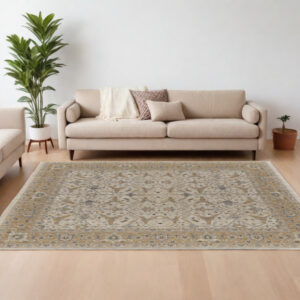 8' X 10' Ivory Gray and Tan Wool Oriental Hand Knotted Area Rug With Fringe