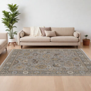 8' X 10' Gray and Brown Wool Oriental Hand Knotted Area Rug With Fringe