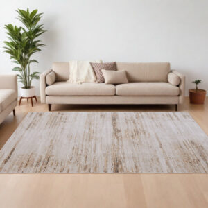 8' X 10' Ivory and Tan Abstract Power Loom Worn Faded Area Rug