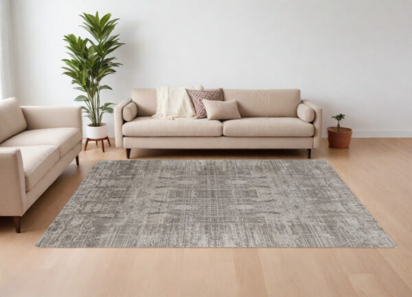 8' X 10' Gray and Silver Abstract Hand Woven Worn Faded Area Rug
