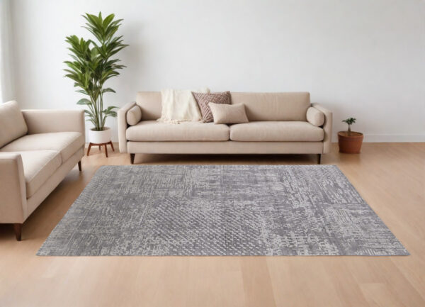 9' X 12' Gray and Silver Abstract Hand Woven Worn Faded Area Rug