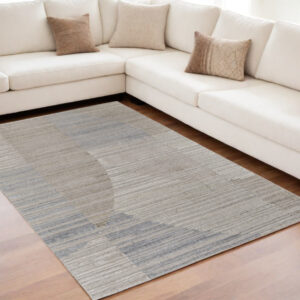 5' X 8' Tan and Blue Abstract Hand Woven Worn Faded Area Rug