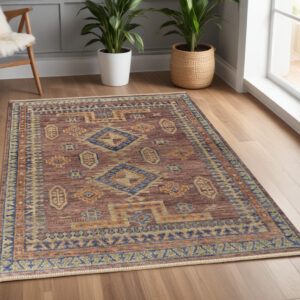 4' X 6' Blue Red and Tan Wool Geometric Hand Knotted Area Rug With Fringe