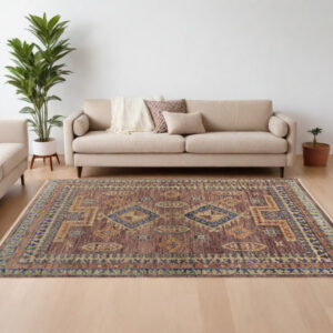 12' X 15' Blue Red and Tan Wool Geometric Hand Knotted Area Rug With Fringe