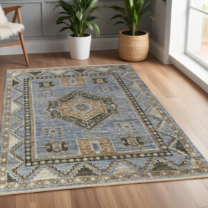 4' X 6' Ivory Tan and Blue Wool Oriental Hand Knotted Area Rug With Fringe