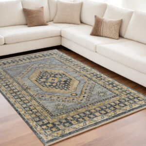 5' X 8' Blue Gray and Tan Wool Oriental Hand Knotted Area Rug With Fringe