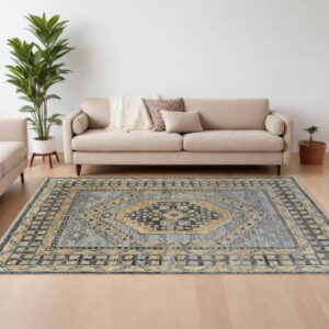 9' X 12' Blue Gray and Tan Wool Oriental Hand Knotted Area Rug With Fringe