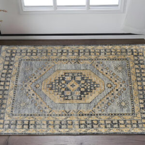 2' X 3' Blue Gray and Tan Wool Oriental Hand Knotted Area Rug With Fringe