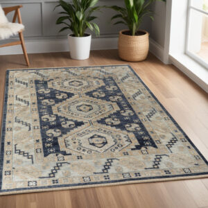 4' X 6' Blue and Ivory Wool Geometric Hand Knotted Area Rug With Fringe