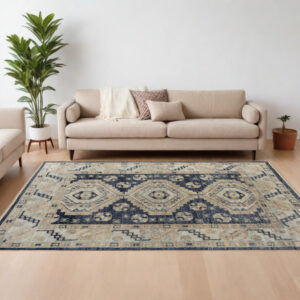 8' X 10' Blue and Ivory Wool Geometric Hand Knotted Area Rug With Fringe