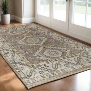 3' X 5' Gray and Brown Wool Geometric Hand Knotted Area Rug With Fringe