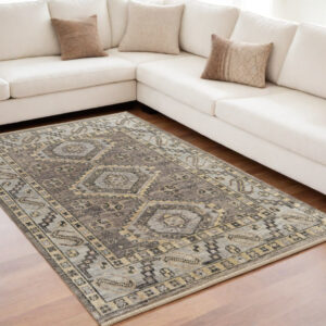 5' X 8' Gray and Brown Wool Geometric Hand Knotted Area Rug With Fringe
