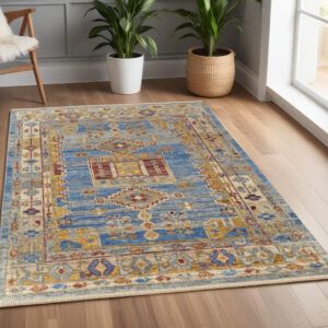 4' X 6' Blue Red and Yellow Wool Geometric Hand Knotted Area Rug With Fringe