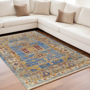 5' X 8' Blue Red and Yellow Wool Geometric Hand Knotted Area Rug With Fringe