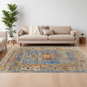 12' X 15' Blue Red and Yellow Wool Geometric Hand Knotted Area Rug With Fringe