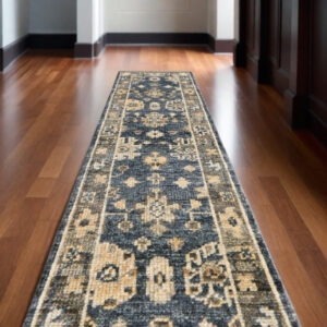 12' Blue and Gray Wool Floral Hand Knotted Runner Rug With Fringe