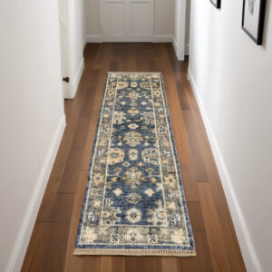 8' Blue and Gray Wool Floral Hand Knotted Runner Rug With Fringe