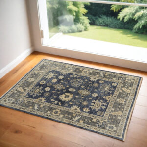 2' X 3' Blue and Gray Wool Floral Hand Knotted Area Rug With Fringe