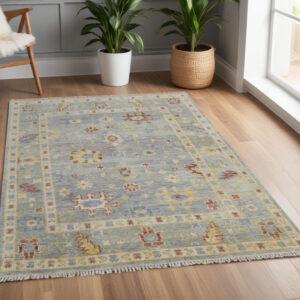 4' X 6' Light Blue and Taupe Wool Floral Hand Knotted Area Rug With Fringe