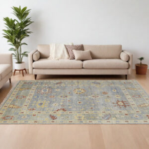 9' X 12' Light Blue and Taupe Wool Floral Hand Knotted Area Rug With Fringe