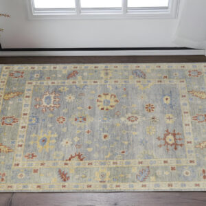 2' X 3' Light Blue and Taupe Wool Floral Hand Knotted Area Rug With Fringe