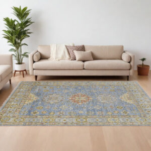8' X 10' Green Blue and Yellow Wool Geometric Hand Knotted Area Rug With Fringe