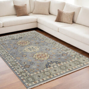 5' X 8' Gray Blue and Taupe Wool Geometric Hand Knotted Area Rug With Fringe