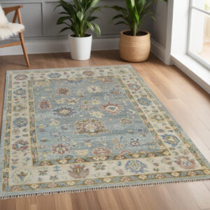 4' X 6' Blue Ivory and Yellow Wool Floral Hand Knotted Area Rug With Fringe
