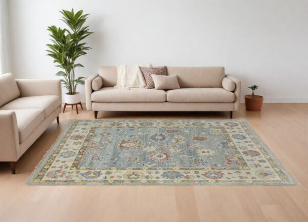 8' X 10' Blue Ivory and Yellow Wool Floral Hand Knotted Area Rug With Fringe