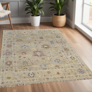 4' X 6' Tan Brown and Blue Wool Floral Hand Knotted Area Rug With Fringe