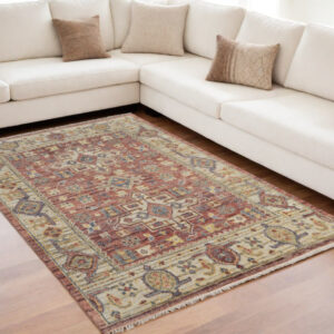 5' X 8' Ivory Red and Gold Wool Oriental Hand Knotted Area Rug With Fringe