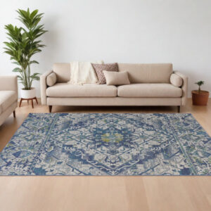 10' X 13' Green Blue and Ivory Oriental Power Loom Area Rug