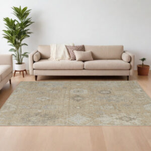 8' X 12' Tan and Ivory Wool Floral Hand Knotted Area Rug