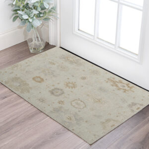 2' X 3' Tan and Gray Wool Floral Hand Knotted Area Rug