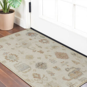 2' X 3' Ivory Tan and Gray Wool Floral Hand Knotted Area Rug