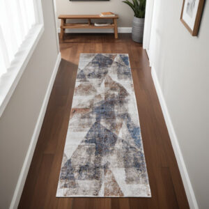 8' Gray Blue and Ivory Checkered Power Loom Runner Rug