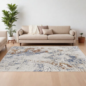 10' X 14' Ivory Blue and Brown Abstract Power Loom Area Rug