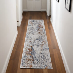 8' Ivory Blue and Brown Abstract Power Loom Runner Rug