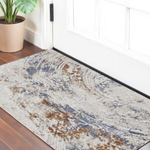 2' X 3' Ivory Blue and Brown Abstract Power Loom Area Rug