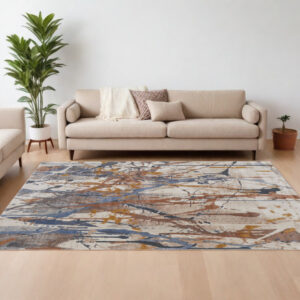 8' X 10' Ivory Blue and Brown Abstract Power Loom Area Rug