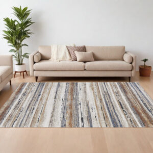 8' X 10' Ivory Blue and Brown Striped Power Loom Area Rug
