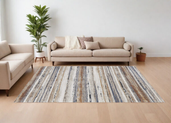 10' X 14' Ivory Blue and Brown Striped Power Loom Area Rug
