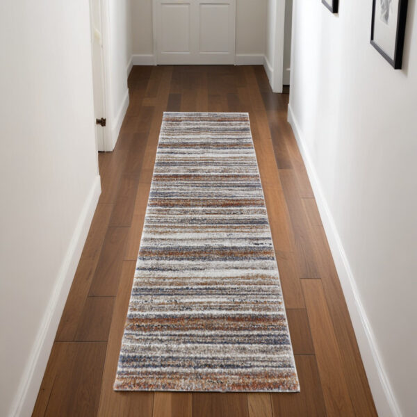 8' Ivory Blue and Brown Striped Power Loom Runner Rug